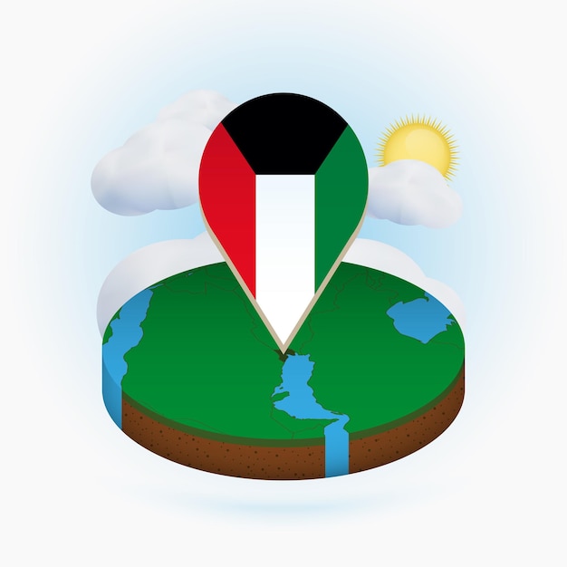Isometrische runde karte von kuwait und punktmarkierung mit flagge von kuwait wolke und sonne im hintergrund