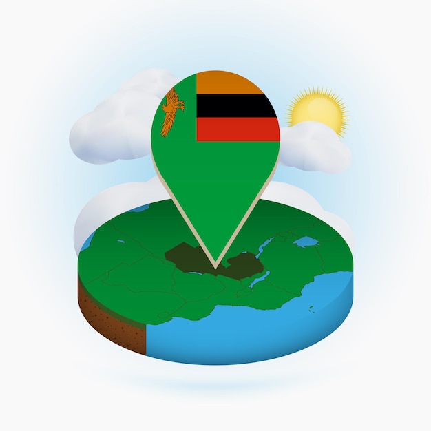 Isometrische runde karte von sambia und punktmarkierung mit flagge von sambia wolke und sonne im hintergrund