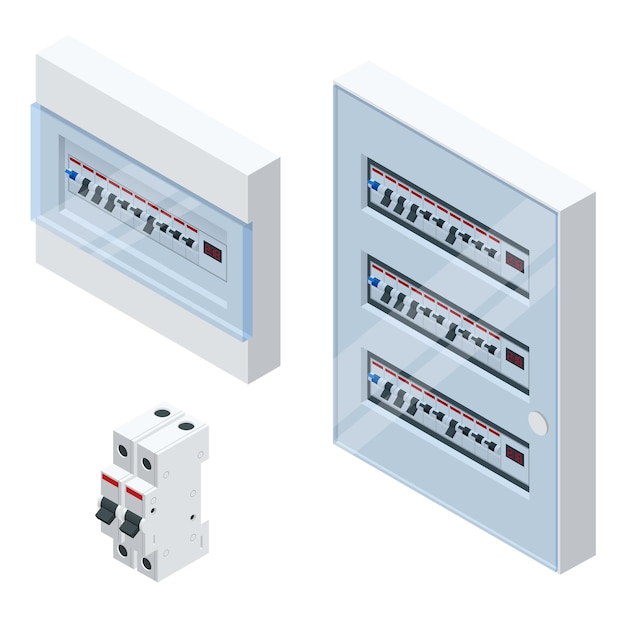 Isometrische schalttafel mit sicherungen und schützen. sicherungsautomaten, isoliert auf weißem hintergrund. elektrische sicherung.