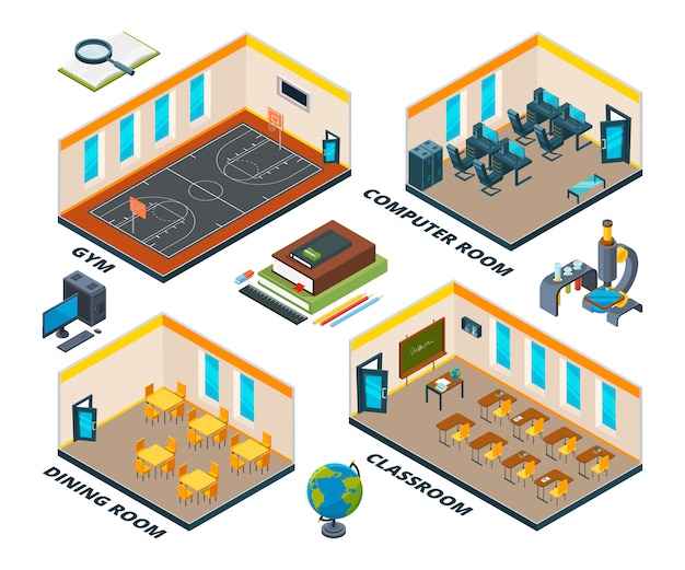 Isometrische schuleinrichtung. gebäude mit verschiedenen klassen von instituten oder schulen