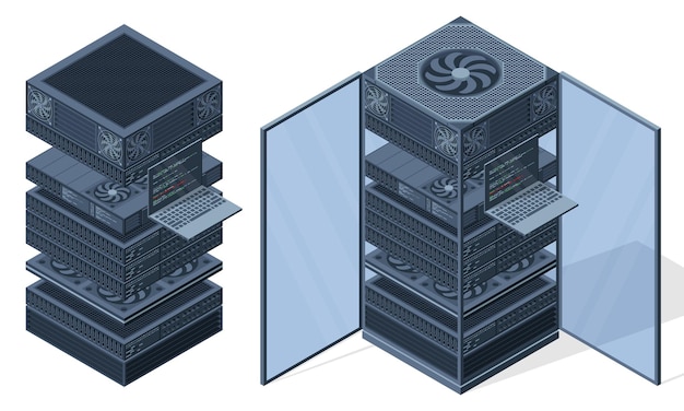 Isometrische Server-Racks Server-Boxen isoliert Netzwerk-Serverraum Computernetzwerkstechnologie Vektor-Illustration