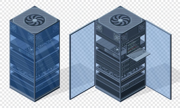 Isometrische Server-Racks Server-Boxen isoliert Netzwerk-Serverraum Computernetzwerkstechnologie Vektor-Illustration