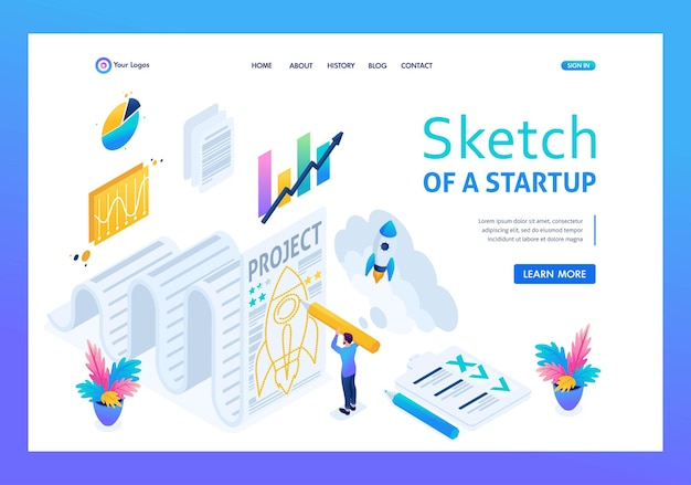 Isometrische skizze eines startup-projekts auf papier projektentwicklung und design landing page konzepte und webdesign