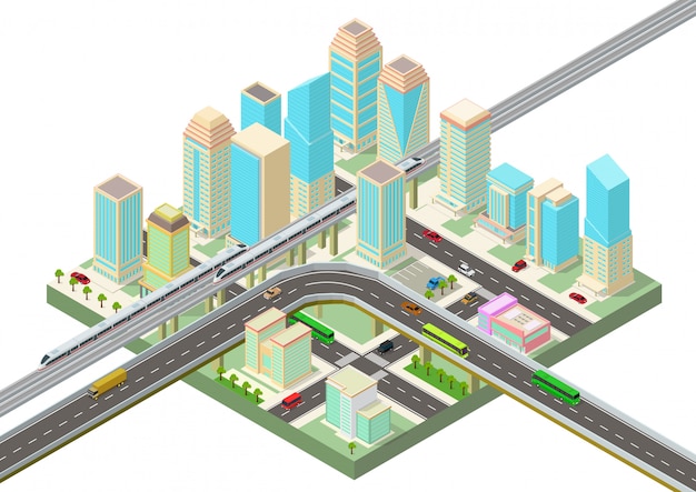 Isometrische smart city mit wolkenkratzern, autobahn und transport