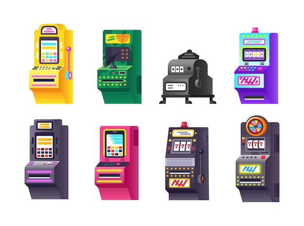 Isometrische spielautomaten-set. modernes glücksspielgerät für geld- und preisgewinne. vergnügungs-zufall-bingo-jackpot mit bildschirm, tasten und joystick. arcade-spiel, das cartoon-vektor spielt
