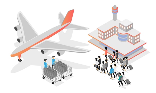 Isometrische stilillustration von menschen, die auf flugzeuge im flughafenkorridor zusteuern