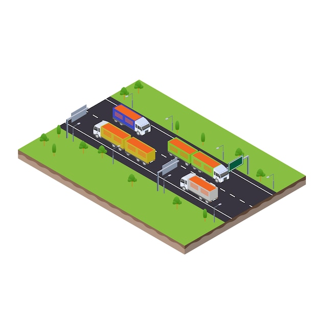 Isometrische szene des transportlastanhängers mit einer ladung erde auf der autobahnverkehrsstraße