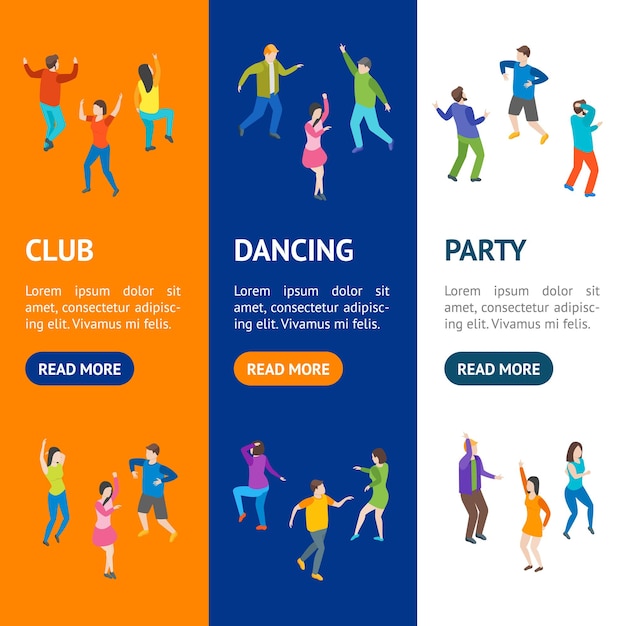Isometrische tanzende menschen charaktere banner vecrtical set musik party disco vektor-illustration von tänzern personen