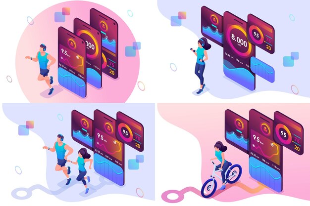 Vektor isometrische tests einrichten und die mobile app während des sporttrainings verwenden