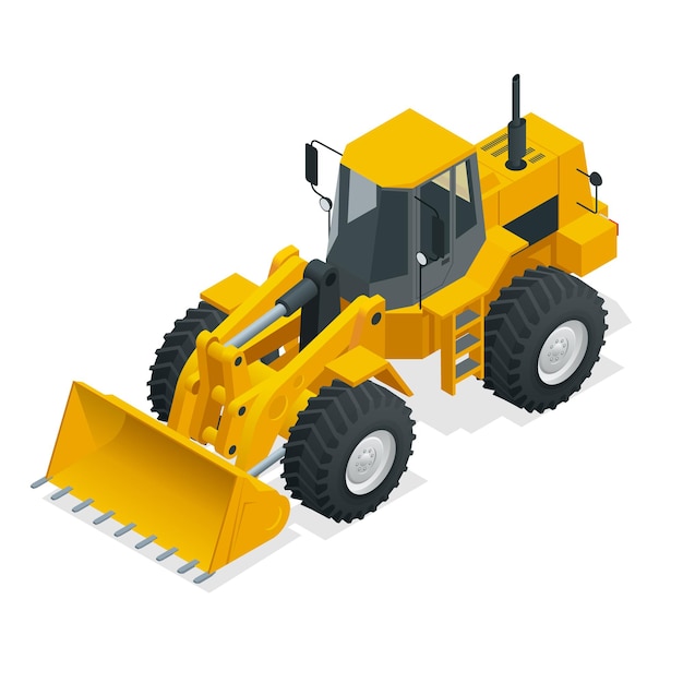 Isometrische Vektorgrafik gelber Bulldozer-Traktor, Baumaschine, Bulldozer isoliert auf weiß. Gelber Radlader, Industriefahrzeug. Pneumatischer LKW. Produktionsanlagen.