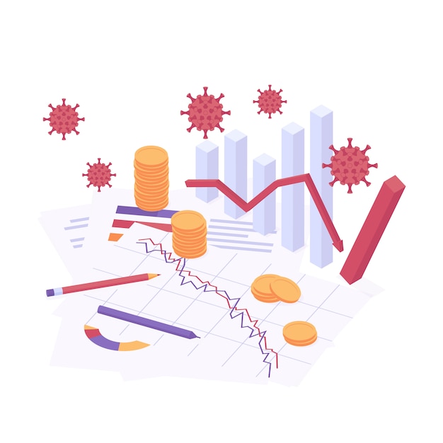 Vektor isometrische vektorillustration der coronavirus-wirtschaftskrise.