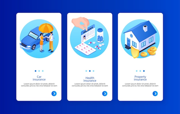Isometrische versicherungs-app-design-vorlage-sammlung mit bankdienstelementen