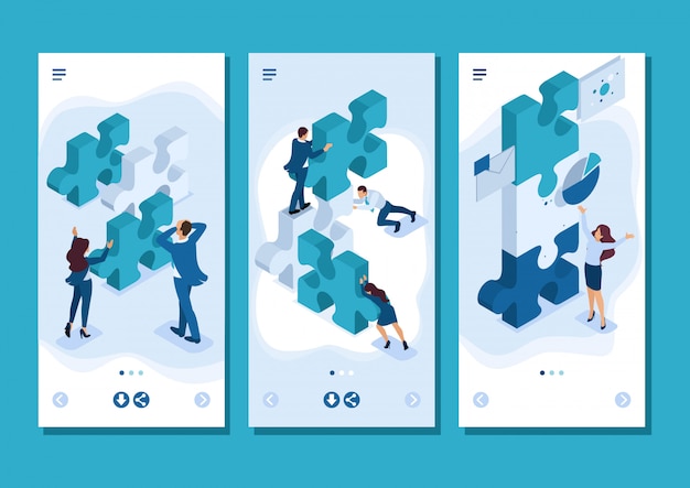 Isometrische vorlage app jungunternehmer team arbeitet an der erstellung des projekts, smartphone-apps