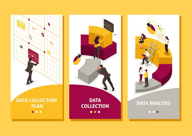 Isometrische vorlage app sammelt und analysiert daten, menschen sammeln ein diagramm, smartphone-apps