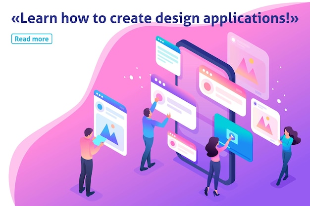 Isometrische vorlage banner artikel helles konzept der prozess der erstellung eines anwendungsdesigns ui ux