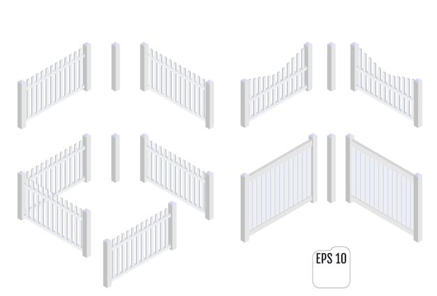Isometrische weiße zaunabschnitte. fechtkonstrukteur.