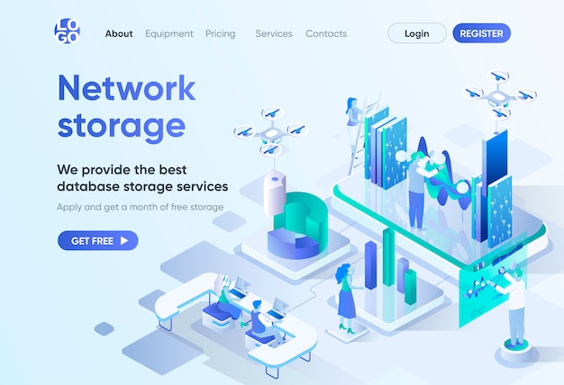 Isometrische Zielseite des Netzwerkspeichers. Datenbankspeicherdienst, moderne Hosting- und Backup-Technologie. Rechenzentrumsvorlage für CMS und Website Builder. Isometrieszene mit Personenzeichen.