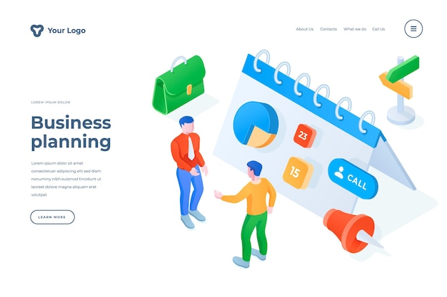 Isometrische Zielseitenvorlage für die Geschäftsplanung Cartoon-Geschäftsmann, der einen Deal abschließt Projektmanagement-Unternehmensentwicklungsstrategie Planung von Geschäftstreffen Service-Homepage-Design-Layout