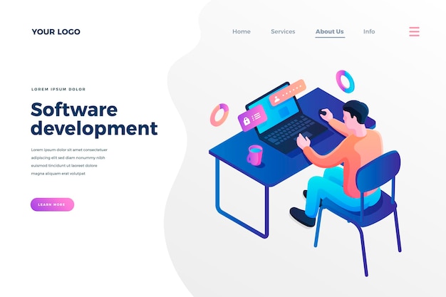 Isometrische zielseitenvorlage für die softwareentwicklung, männlicher programmierer, der die benutzerkontoschnittstelle entwirft