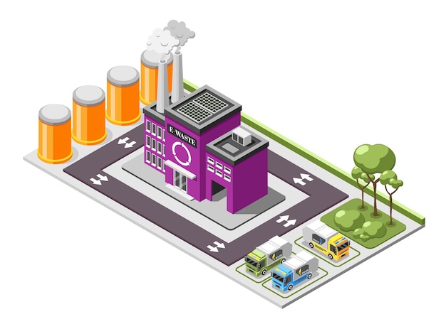 Vektor isometrische zusammensetzung des elektronischen mülls mit e-schrott-recyclinganlagenbereich mit müllwagen auf der parkplatzillustration