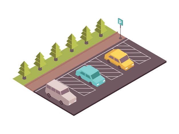 Isometrische zusammensetzung des straßensatzes mit blick auf den parkplatz mit autobäumen und verkehrszeichenvektorillustration