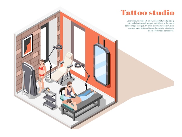 Isometrische zusammensetzung des tattoo-studio-innenraums mit spiegel-stehlampen-künstler, die design auf kundenrückillustration anwenden