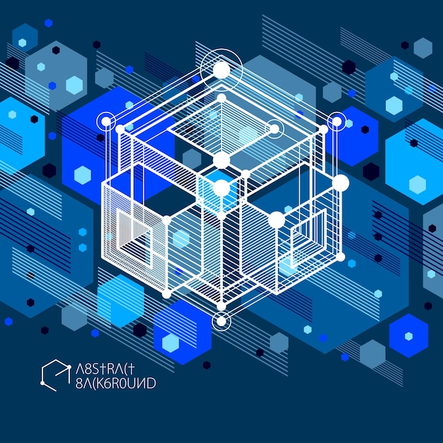 Isometrischer abstrakter dunkelblauer hintergrund mit linearen würfelformen, vektor-3d-mesh-elemente. layout von würfeln, sechsecken, quadraten, rechtecken und verschiedenen abstrakten elementen.