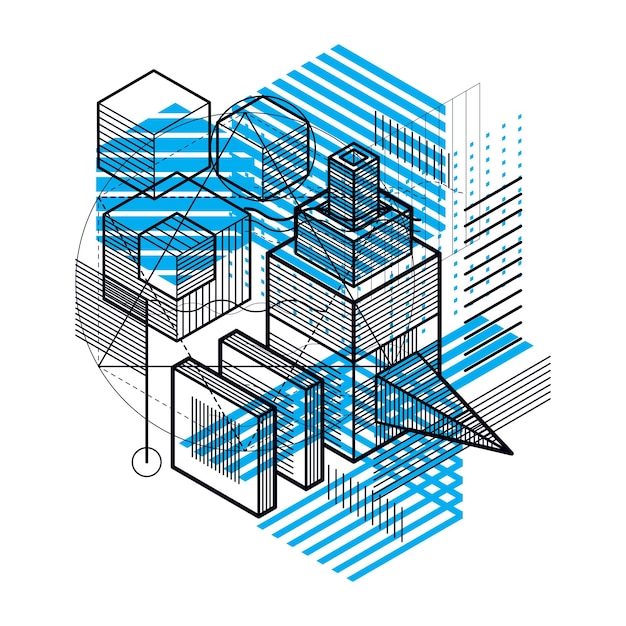 Isometrischer abstrakter Hintergrund mit linearen dimensionalen Formen, Vektor-3D-Mesh-Elemente. Komposition aus Würfeln, Sechsecken, Quadraten, Rechtecken und verschiedenen abstrakten Elementen.