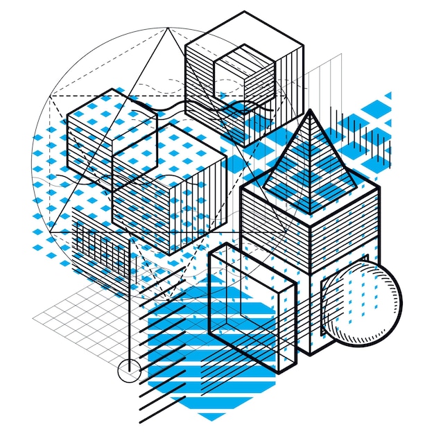 Isometrischer abstrakter Hintergrund mit linearen dimensionalen Formen, Vektor-3D-Mesh-Elemente. Zusammensetzung aus Würfeln, Sechsecken, Quadraten, Rechtecken und verschiedenen abstrakten Elementen.