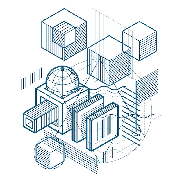Isometrischer abstrakter Hintergrund mit linearen dimensionalen Formen, Vektor-3D-Mesh-Elemente. Zusammensetzung aus Würfeln, Sechsecken, Quadraten, Rechtecken und verschiedenen abstrakten Elementen.
