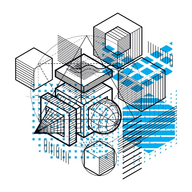Isometrischer abstrakter Hintergrund mit linearen dimensionalen Formen, Vektor-3D-Mesh-Elemente. Zusammensetzung aus Würfeln, Sechsecken, Quadraten, Rechtecken und verschiedenen abstrakten Elementen.