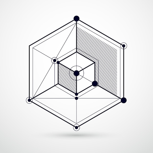 Isometrischer abstrakter schwarz-weißer Hintergrund mit linearen Würfelformen, Vektor-3D-Mesh-Elemente. Layout von Würfeln, Sechsecken, Quadraten, Rechtecken und verschiedenen abstrakten Elementen.