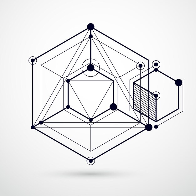 Isometrischer abstrakter schwarz-weißer Hintergrund mit linearen Würfelformen, Vektor-3D-Mesh-Elemente. Layout von Würfeln, Sechsecken, Quadraten, Rechtecken und verschiedenen abstrakten Elementen.