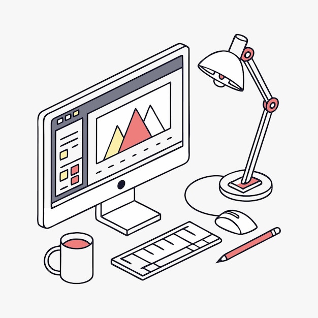 Isometrischer Arbeitsbereich mit Computerlampe, Tastatur und Bleistift