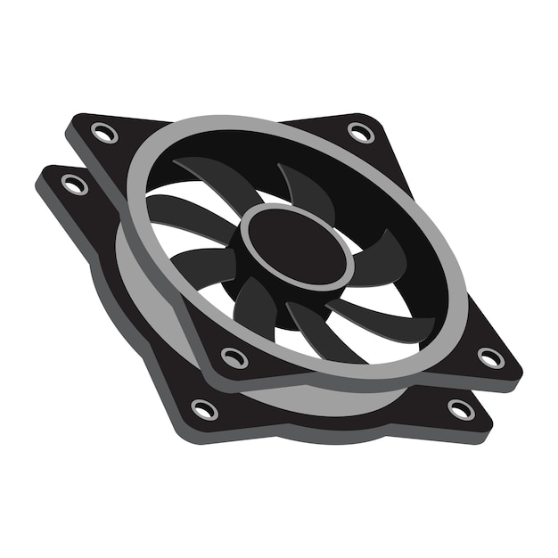 Isometrischer Computerventilator, Computerventilatorenkühler, Isometrischer Ventilator für PC-Kasten, Computer-Hardware-Komponenten, Vektorillustration