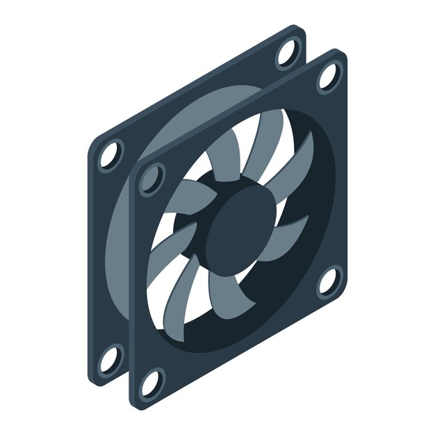 Isometrischer Computerventilator, Computerventilatorenkühler, Isometrischer Ventilator für PC-Kasten, Computer-Hardware-Komponenten, Vektorillustration