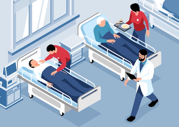 Isometrischer freiwilliger wohltätigkeitshintergrund mit menschen, die sich um kranke männer im krankenhaus kümmern 3d-vektorillustration