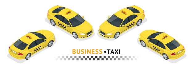 Isometrischer hochwertiger stadtverkehr-icon-set. autotaxi. bauen sie ihre eigene infografik-sammlung für das world web auf. set des isometrischen taxis mit vorder- und rückansicht