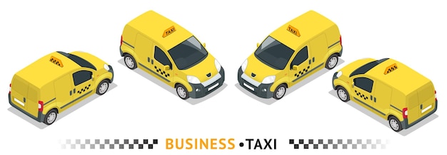 Isometrischer hochwertiger stadtverkehr-icon-set. autotaxi. kleiner lieferwagen. bauen sie ihre eigene infografik-sammlung für das world web auf. set des isometrischen taxis mit vorder- und rückansicht