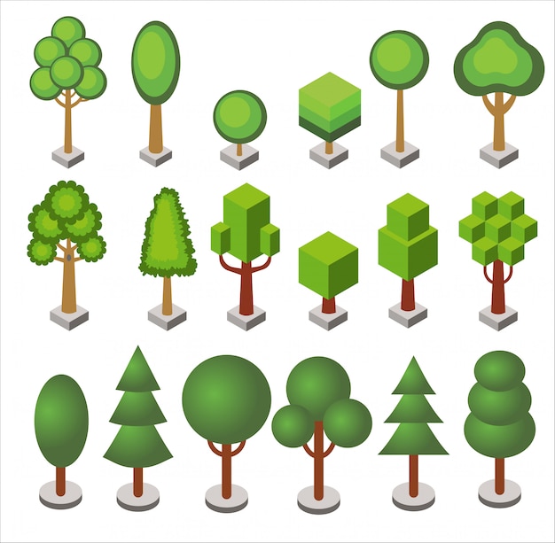 Isometrischer Karikatursatz von Wald- und Stadtparkbäumen und Büschen verschiedener geometrischer Formen lokalisiert.