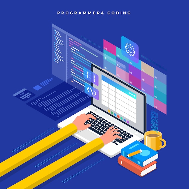 Isometrischer Konzeptprogrammierer und Codierung. Illustration. Website-Layout.
