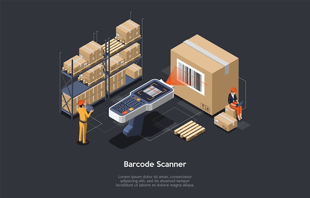 Isometrischer Lagerverwalter oder Lagerarbeiter mit großem Barcode-Scanner überprüft Waren. Prozess des Scannens, Ladens und Entladens von Waren. Bestandsaufnahme Job. Vektorillustration.