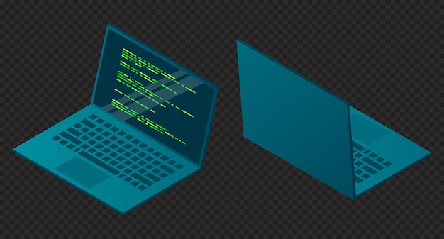Isometrischer Laptop 3D-Isometrische Laptop-Computer Abstrakte Programmiersprache und Programmcode auf einem Laptopbildschirm Isometrische Technologie