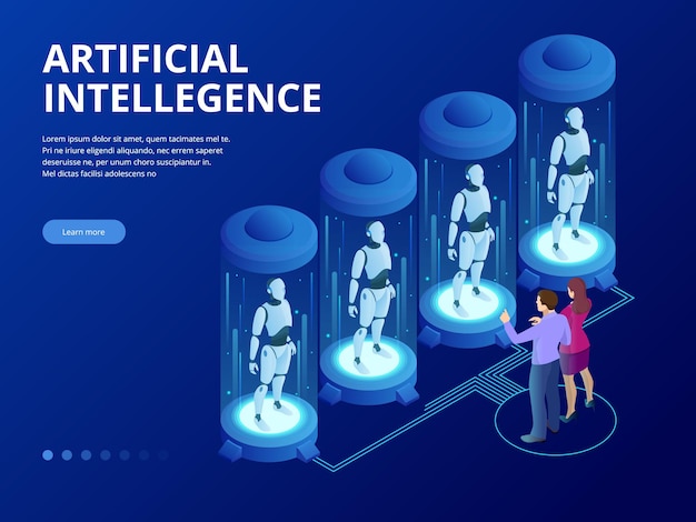 Isometrischer Roboter mit künstlicher Intelligenz. Der kybernetische Roboterorganismus arbeitet mit einer virtuellen HUD-Schnittstelle in Augmented Reality. Zukunftskonzept.