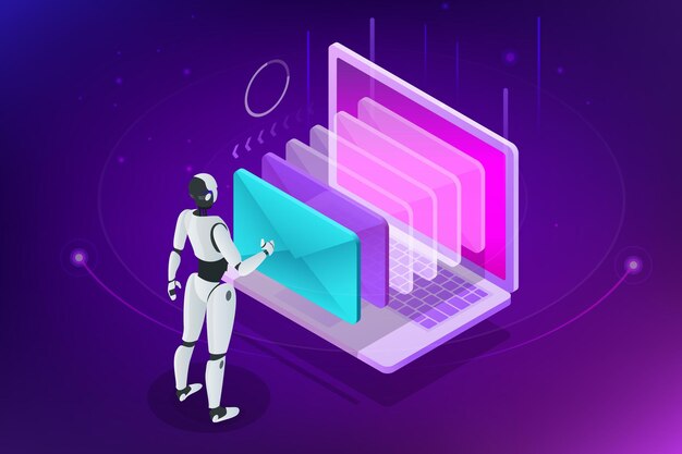 Isometrischer Robotermann mit künstlicher Intelligenz, der mit einer virtuellen Schnittstelle in Chatbot-E-Mails arbeitet. Nachrichten-Online-Chat-Social-Text-Vektor-Illustration.