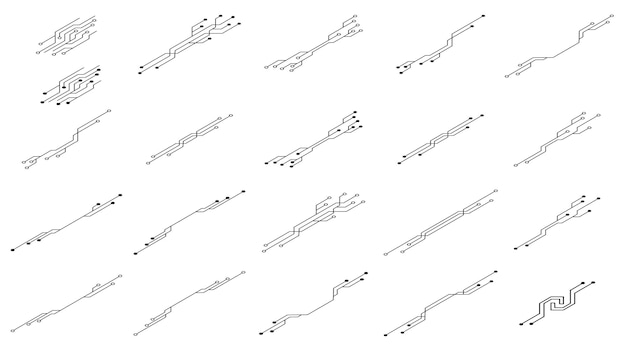 Isometrischer Satz von Leiterplatten PCB-Spuren Silhouetten isoliert auf weißem Hintergrund Technische Clipart Trennwände für Design Vektorelement