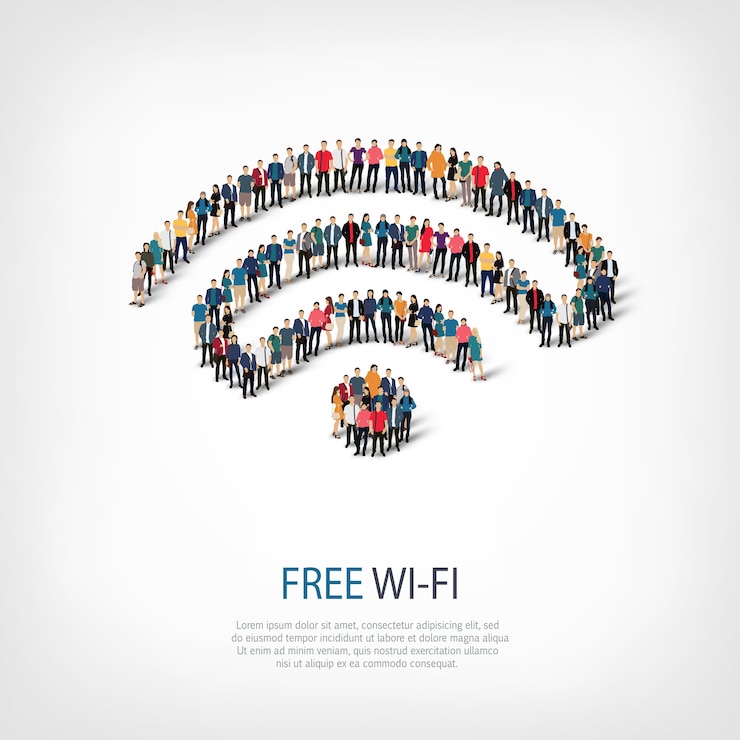Vektor isometrischer satz von stilen abstrakt, kostenloses wi-fi, symbol web infografiken konzept illustration eines überfüllten quadrats. crowd-point-gruppe, die eine vorbestimmte form bildet.