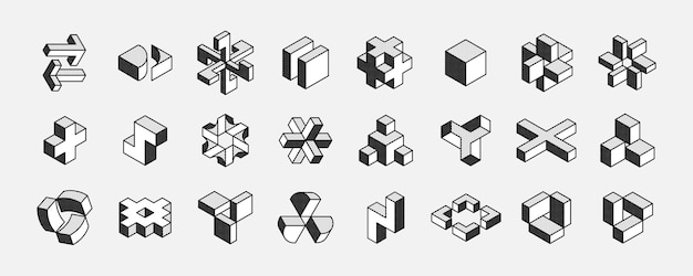Isometrischer Sechseck-Sternpfeil, kubische und abstrakte Logos, Set, optische Täuschung, Retro-3D-Symbole, Set mit schwarzen und weißen Tupfen, Vektorformen für Halbtonetiketten, Vintage-Plakate von Krypto-Unternehmen