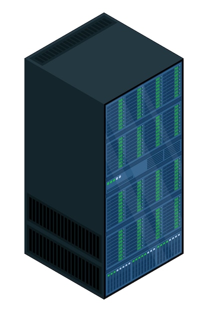 Vektor isometrischer server netzwerkserverraum server in schränken speicherdatenbank isometrische technologie vektorillustration