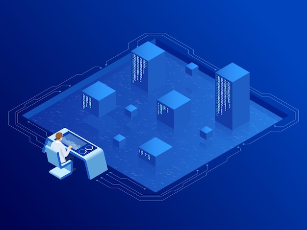 Isometrischer Serverraum im Rechenzentrum. Administrator überwacht die Arbeit der künstlichen Intelligenz. Professionelle IT-Ingenieure, die im System Control Center arbeiten.